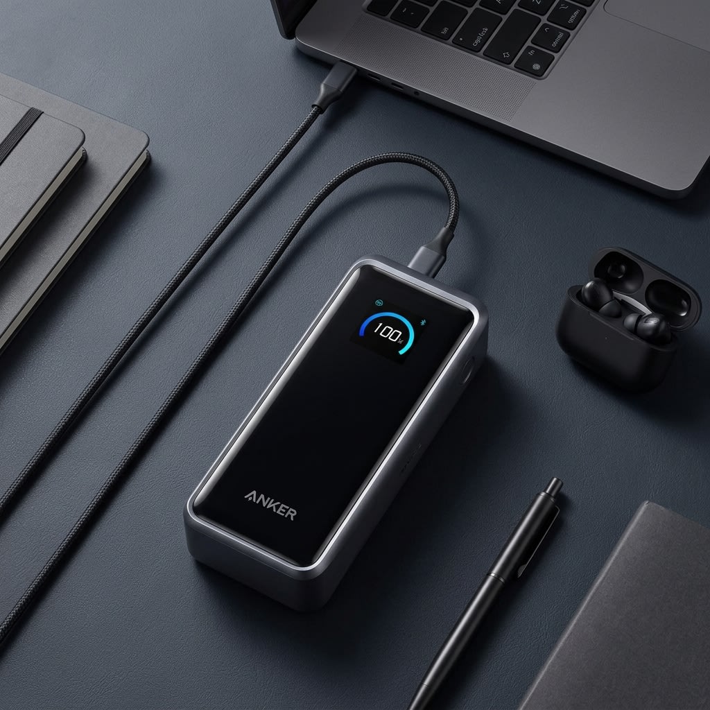 A high-capacity modern power bank charging a professional laptop on a desk