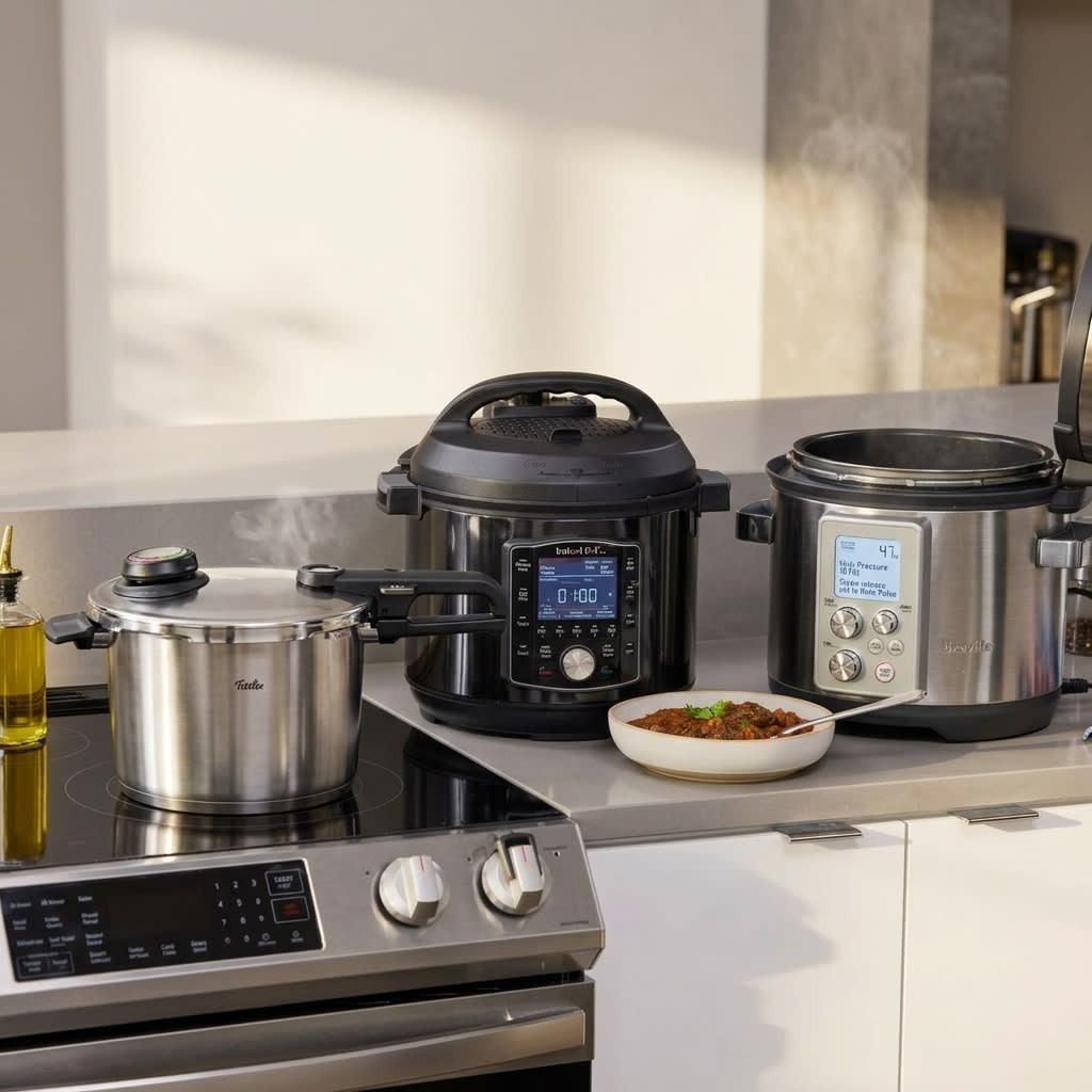 A group of premium pressure cookers on a modern kitchen counter