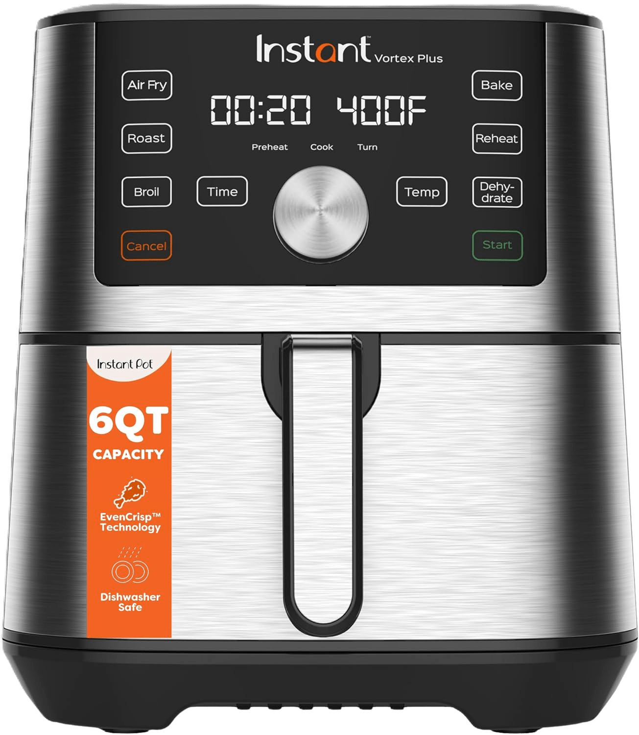 Instant Vortex Plus 6-quart air fryer with the ClearCook window showing food crisping inside the basket