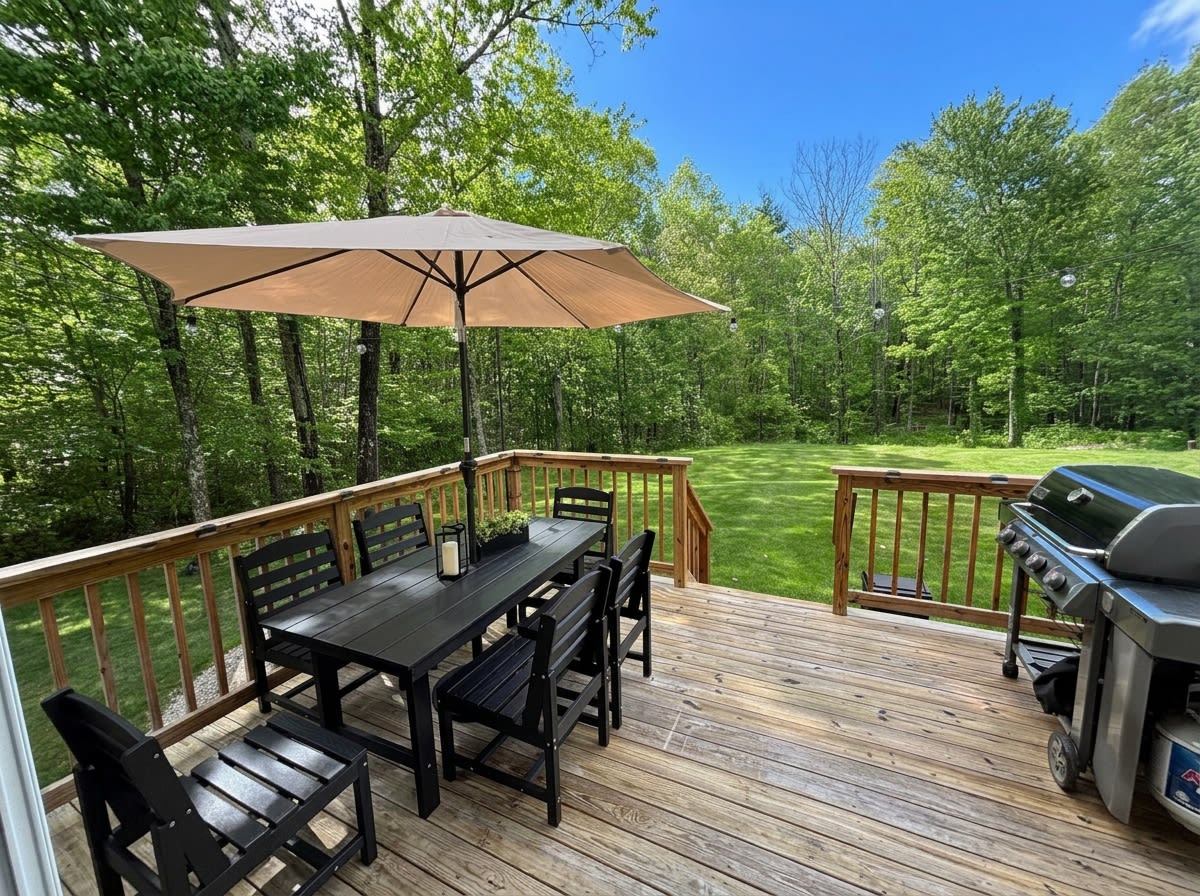 A 7-piece outdoor patio dining set arranged on a sunlit backyard deck