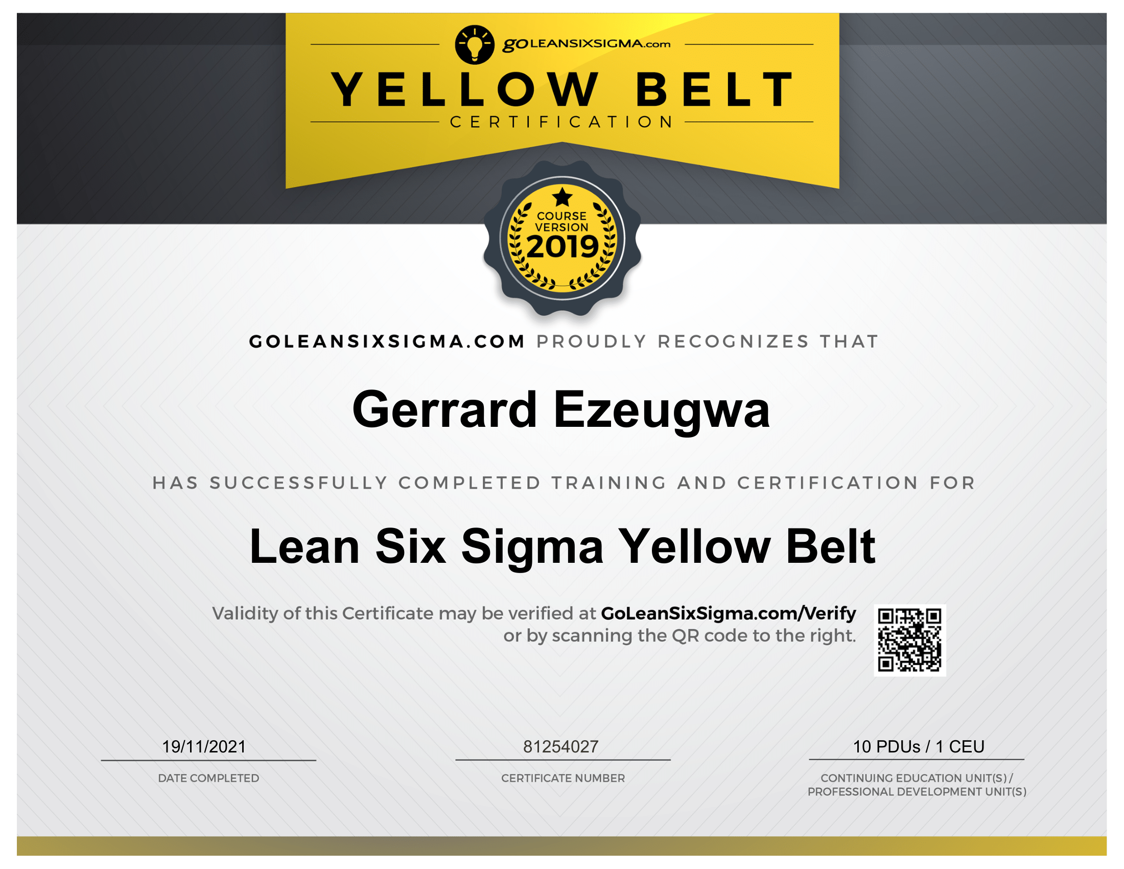 Ezeugwa Gerrard's Lean Six Sigma Certification