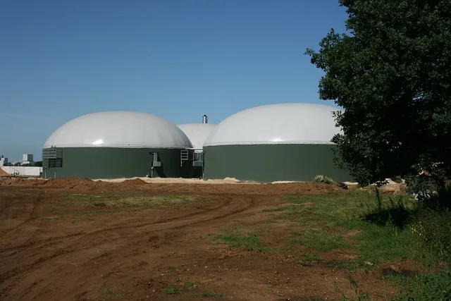 A biogas plant with organic waste inputs and energy outputs, symbolizing natural energy and sustainability.