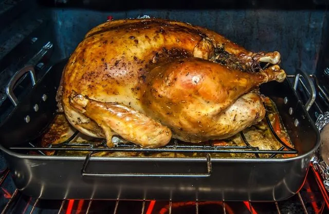 An image showing a turkey in an oven.