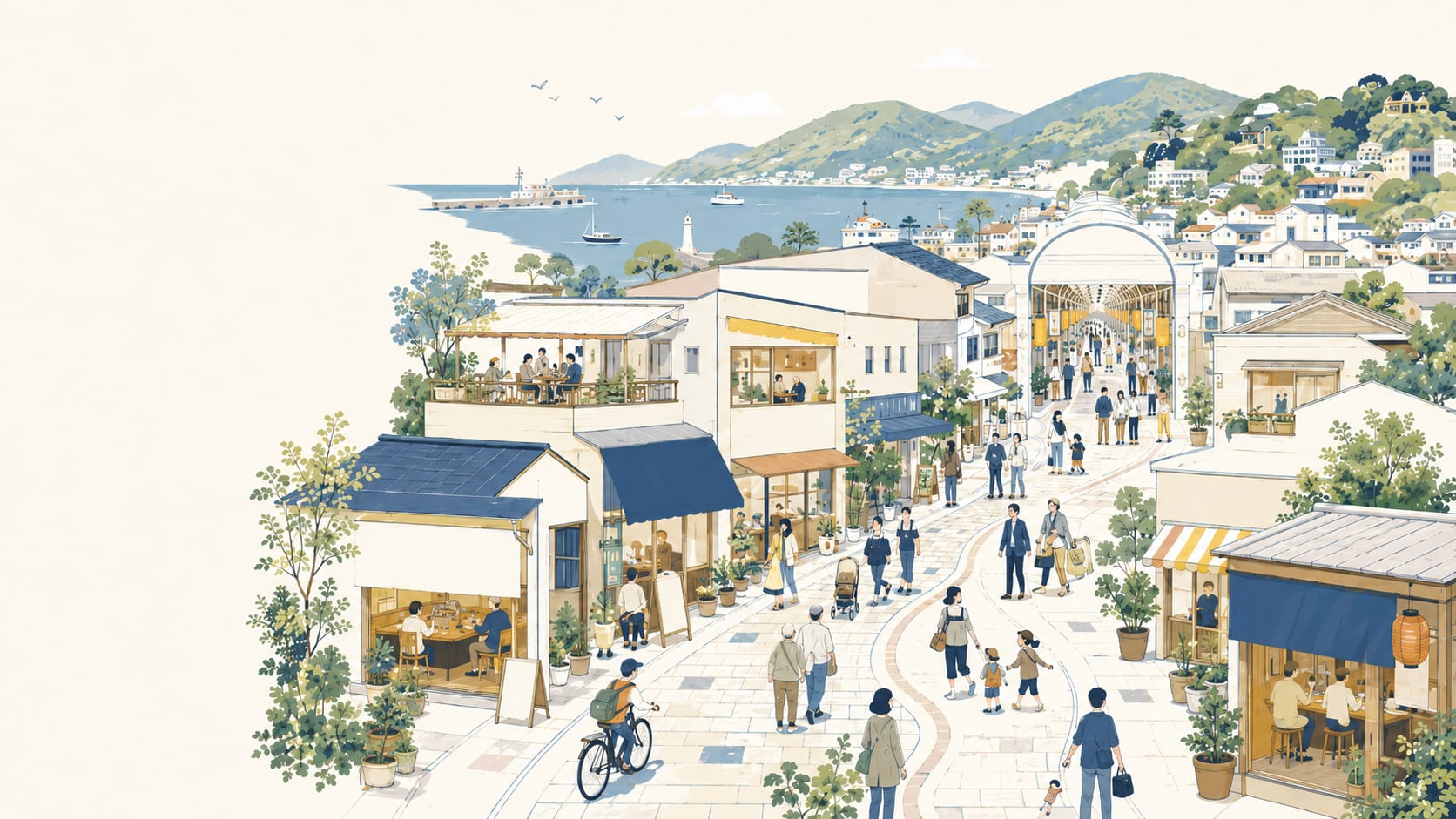 飲食店やカフェが並ぶ街を、人々が歩いて楽しむイラスト