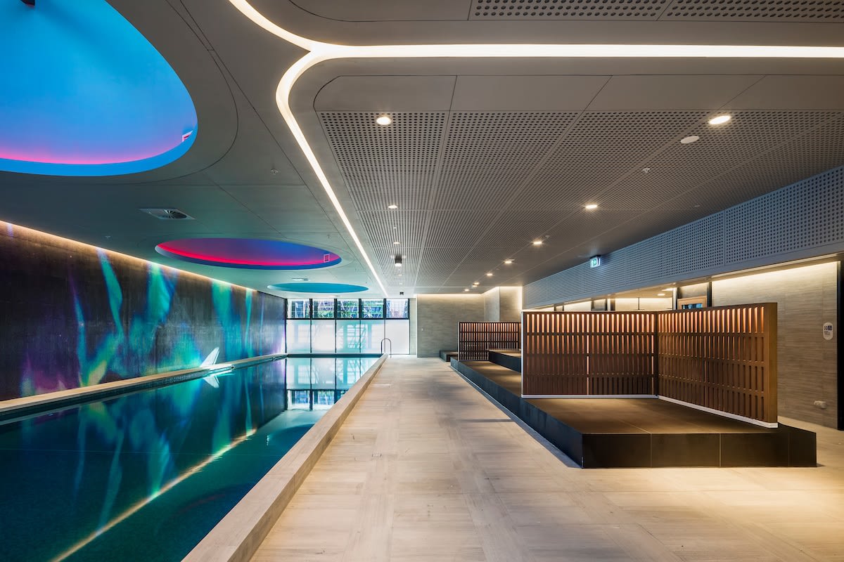 The completed lap pool and spa with large skylights. Image by Probuild