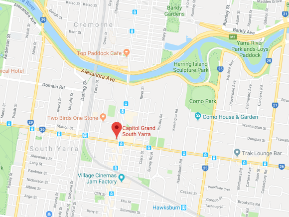Location of 241 Toorak Road, South Yarra. Image by Google Maps. Capitol Grand location