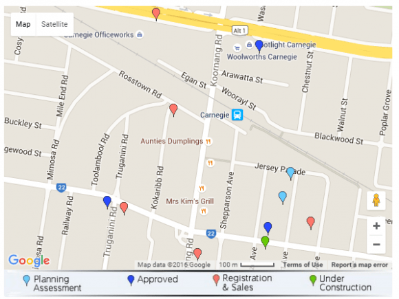Screen capture over Carnegie from the Urban.com.au Project Database map Was the Dandenong corridor's fate sealed with the new residential zone rollout?