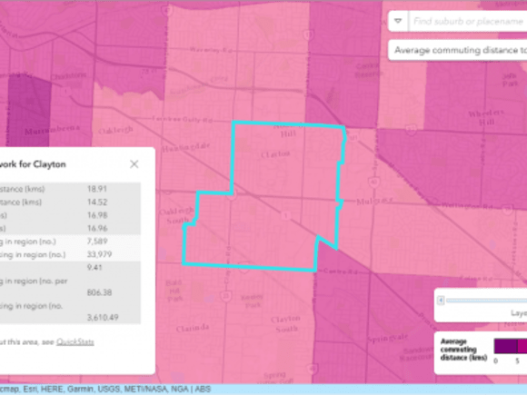 Commuting distance to place of work - Clayton, VIC - image: ABS ABS releases new stories of the 2016 census - journeys to work