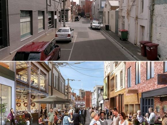 Before and after expectations for a typical Geelong laneway. Image: Revitalising Central Geelong Geelong's emergence bolstered by Revitalising Central Geelong