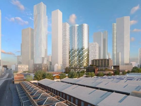 CBD skyline with Munro to the fore. Planning image: Bates Smart / 6 Degrees Architects Big numbers sought for PDG's Munro Site development
