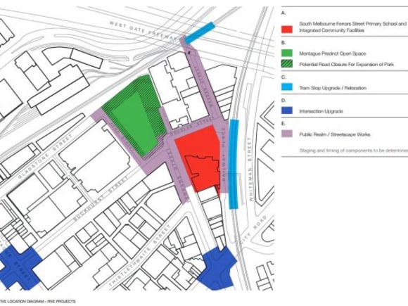 Location diagram outlining the five projects The wraps come off Fishermans Bend's new community precinct