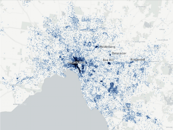 Job clusters in metropolitan Melbourne, map from the North East Link business case 'Melbourne's poor orbital connectivity is constraining the economic potential of Victoria'