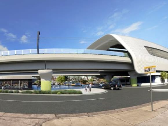 Render of the new Noble Park station - image LXRA New station canopy and escalators appear at Noble Park