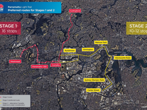 Route map of Phase 1 and Phase 2 of the Parramatta Light Rail project - image: Transport for NSW NSW Government appoints contractor for enabling works on Parramatta Light Rail