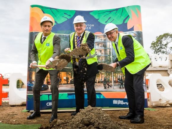 Scott Hutchinson, City of Parramatta Lord Mayor, Councillor Andrew Wilson and Mark Percy Sod turning ceremony: The Langston embarks on stage two of development