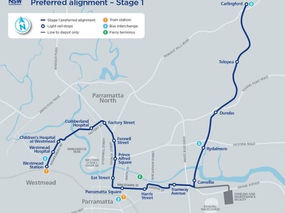 Parramatta Light Rail stage one route map - image: Transport for NSW Sydney to see increased bus services; Parramatta Light Rail stage one gains approval