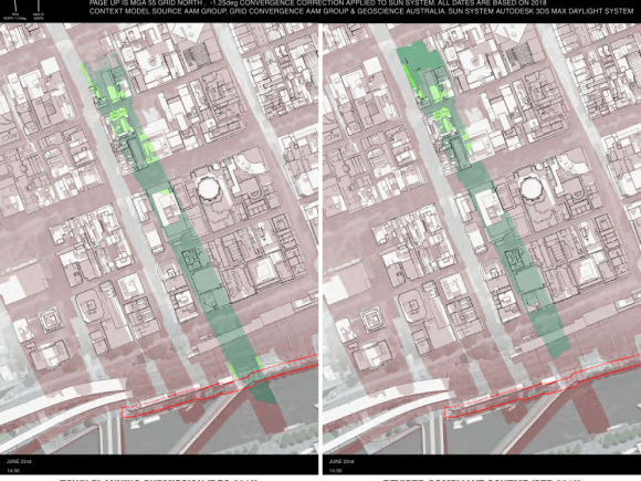 435 Bourke Street's original height would cast a shadow over the Yarra River, whereas the new design will not. Credit: Bates Smart Bates Smart release new designs for 435 Bourke Street in response to Melbourne City Council height amendment request