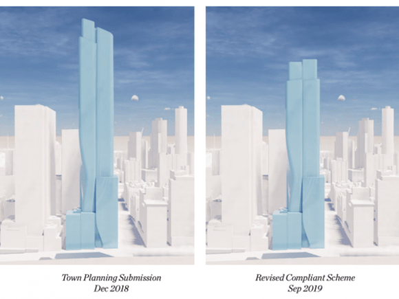 Before and after designs, L-R 2018, 2019. Credit: Bates Smart Bates Smart release new designs for 435 Bourke Street in response to Melbourne City Council height amendment request