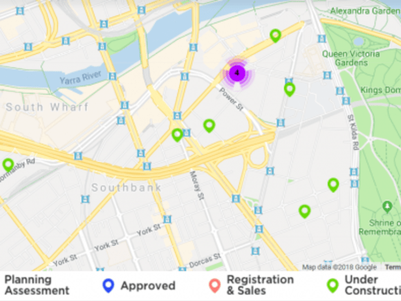 An overview of construction activity within Southbank. Southbank Construction Overview - August 2018