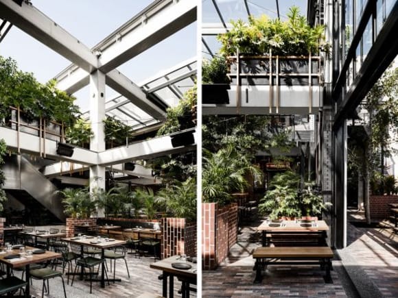 The indoor/outdoor Bee Garden woth its retractable roof. Images: Supplied TILT and Technē shed some light on the Village Belle Hotel revamp