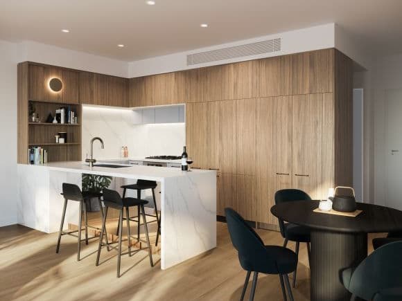 Each apartment features high quality stainless-steel Miele appliances, engineered stone benchtops and timber grain cabinetry. Credit: Sundale Platinum on Peach Tree provides idyllic apartment-living for families