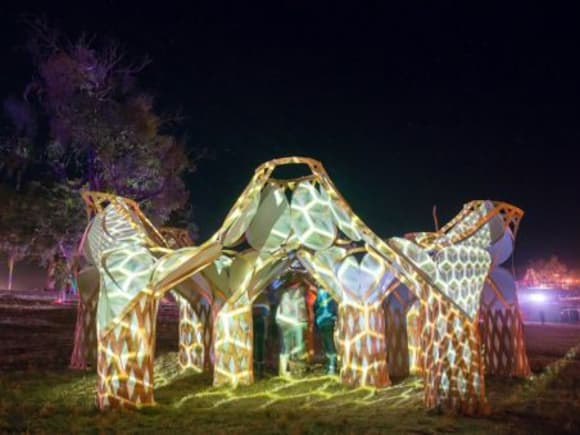 Light projection by Victor Holder at Rainbow Serpent Festival 2015. Thornbury and Preston light up for the Darebin Projection Festival