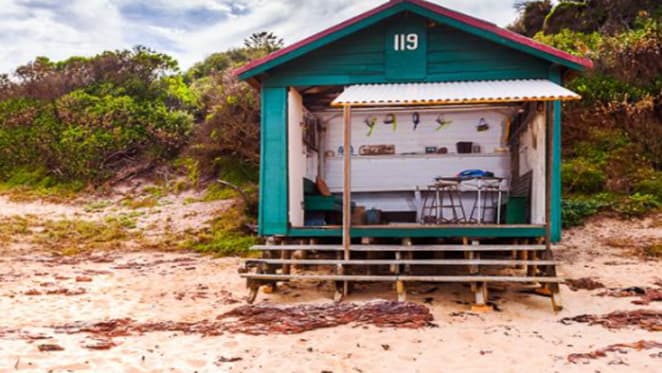 One of the few remaining bathing boxes at Mount Eliza listed for sale
