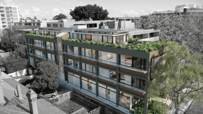 CGI Render for Proposal at Myrtle Street, North Sydney. Conversion of a three-storey commercial office into a four-storey mixed use commercial and residential development.
