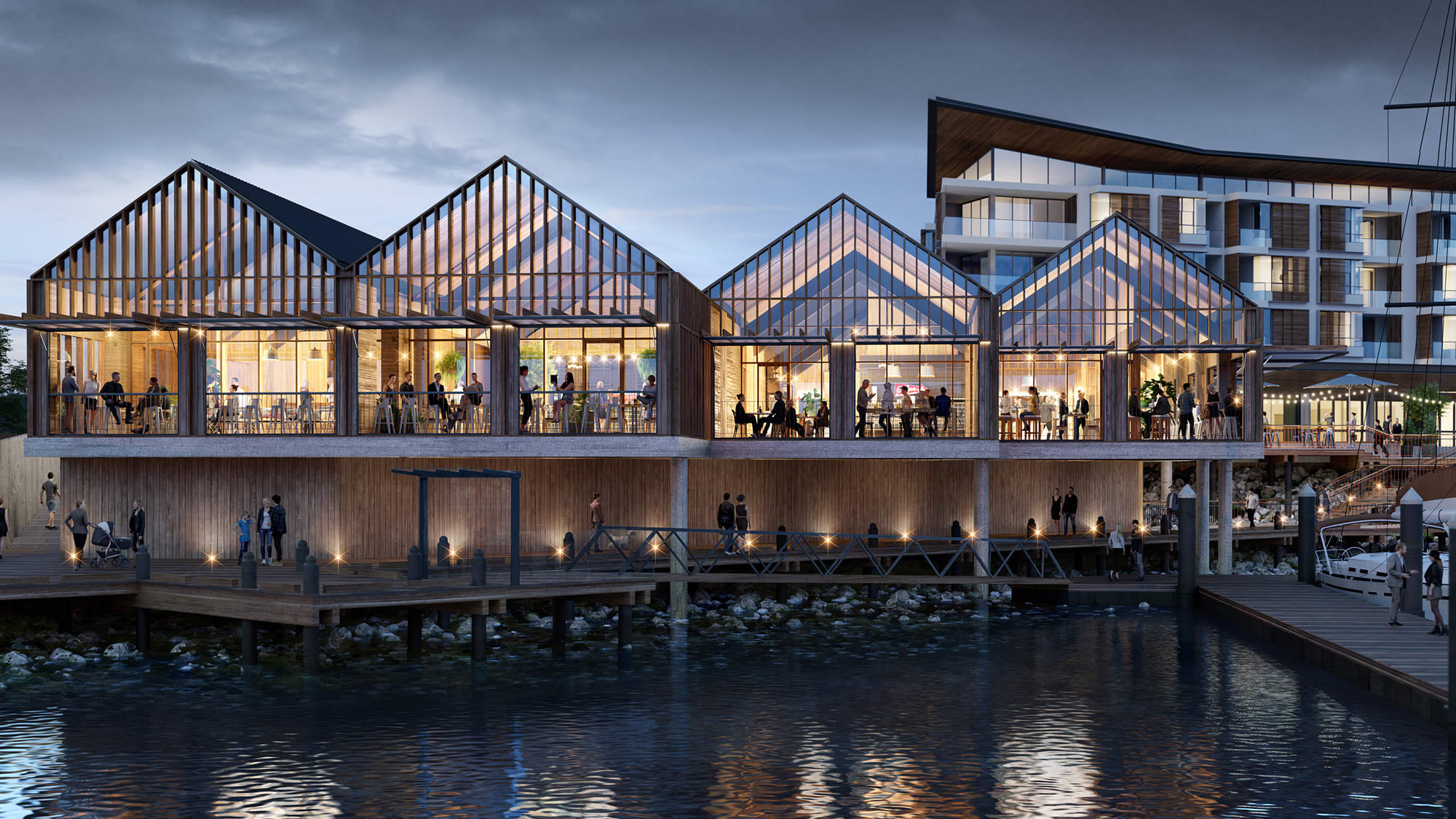 The Tavern cantilevers over Shell Cove's harbour-side boardwalk.