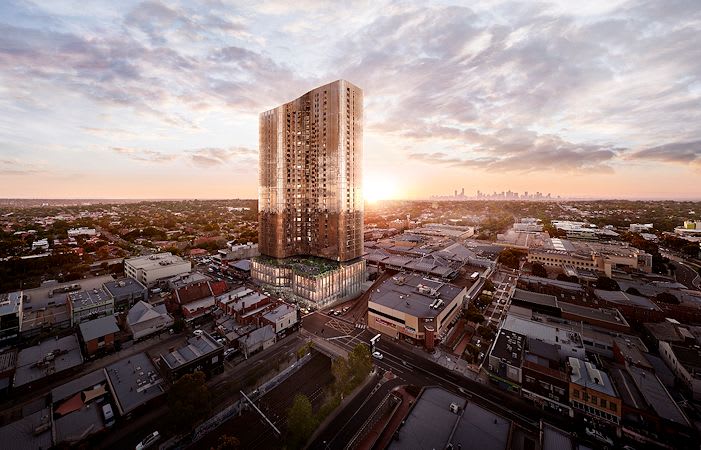 Render displaying an exterior aerial view of the intended Sky One apartment building at Box Hill