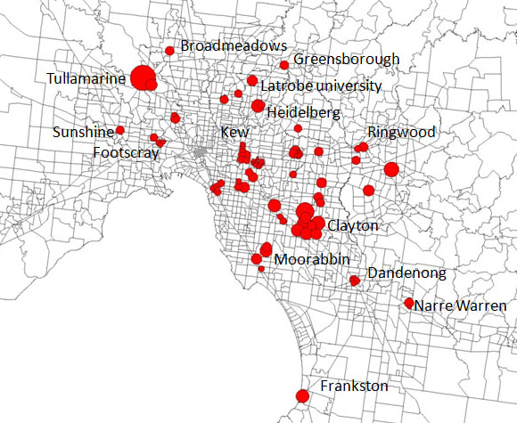 A map of sburban job centres identified within Melbourne
