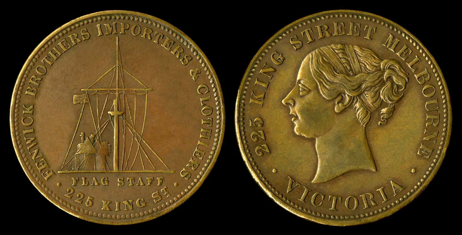 One penny token, minted in 1862. Issued by Fenwick Brothers, Importers & Clothiers. It features Observatory House and the Flagstaff in Flagstaff Gardens.