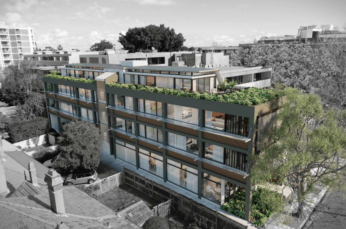 CGI Render for Proposal at Myrtle Street, North Sydney. Conversion of a three-storey commercial office into a four-storey mixed use commercial and residential development.
