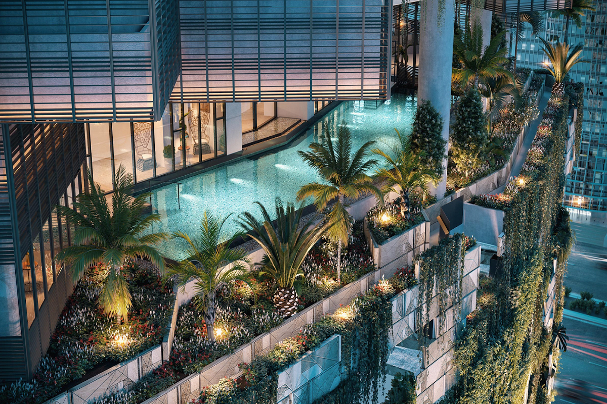 The sky pool atop the podium levels.