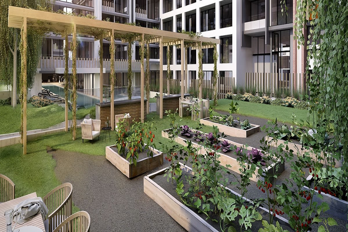 Rendering of one of Mason Square’s outdoor garden and dining spaces.
