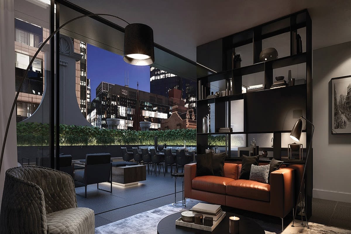 Collins Terrace with indoor and outdoor lounge space.