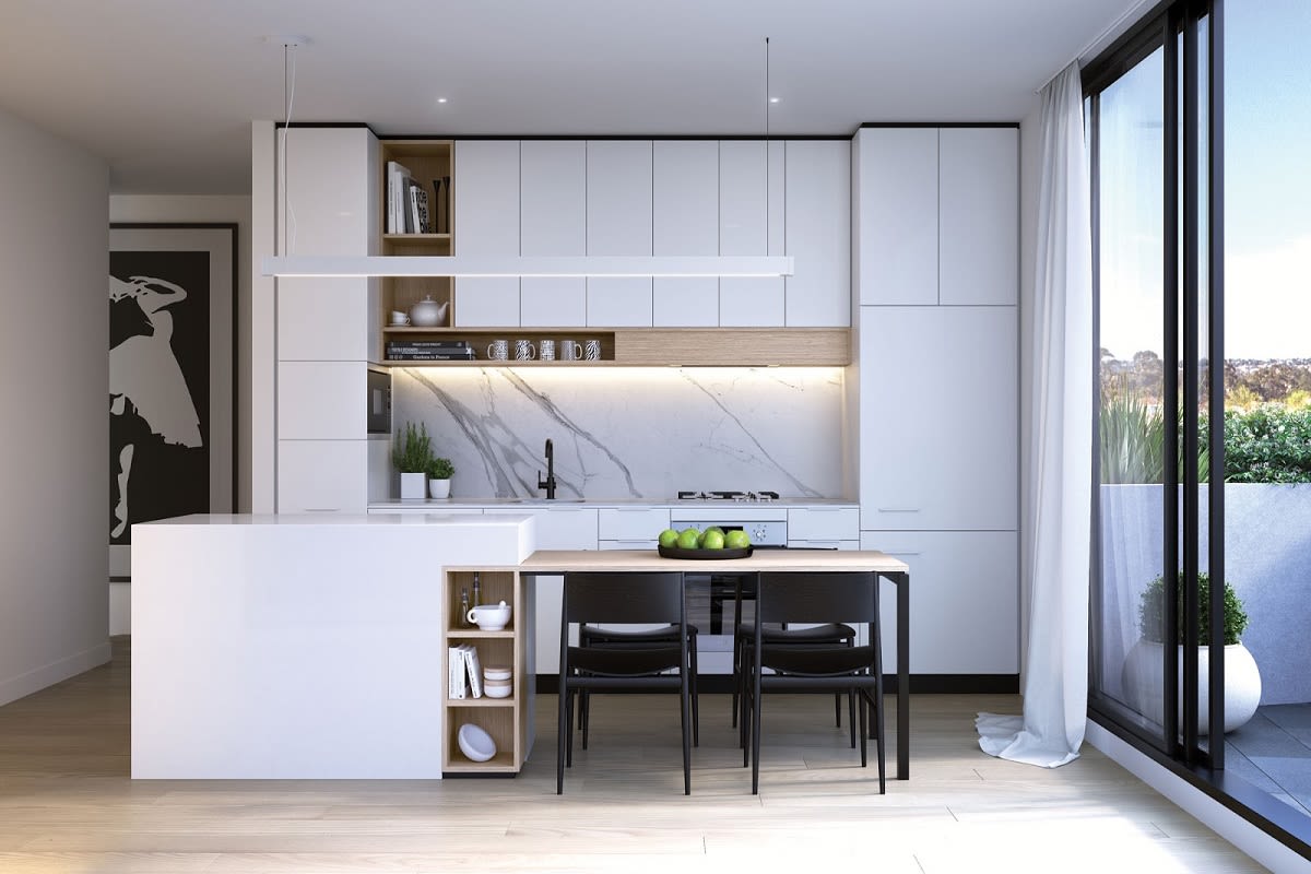 Rendering of the kitchen and balcony access.