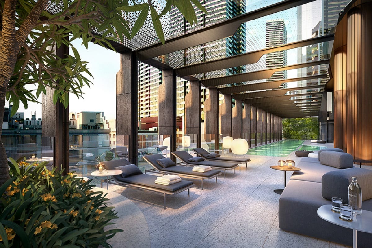 Outdoor garden and pool deck.