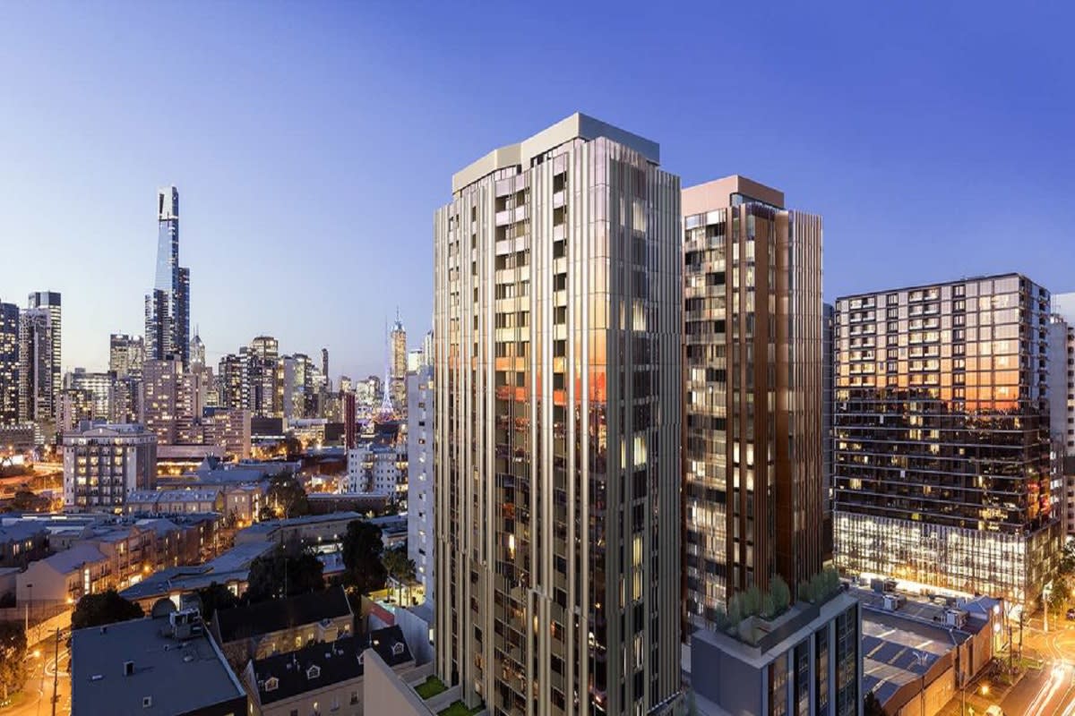 Rendering of the metallic glass towers, Evermore. Image by realestate.com