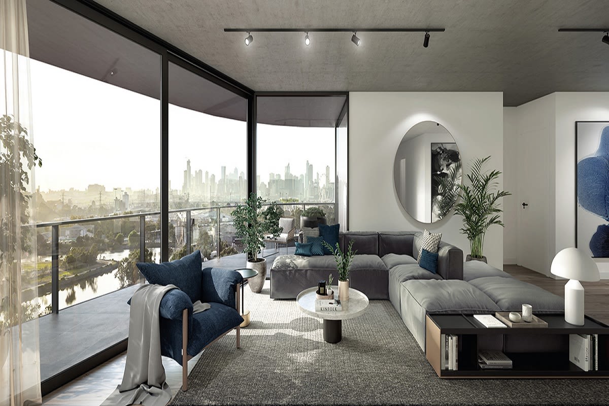 Rendering of a two bedroom apartment with river and city view.