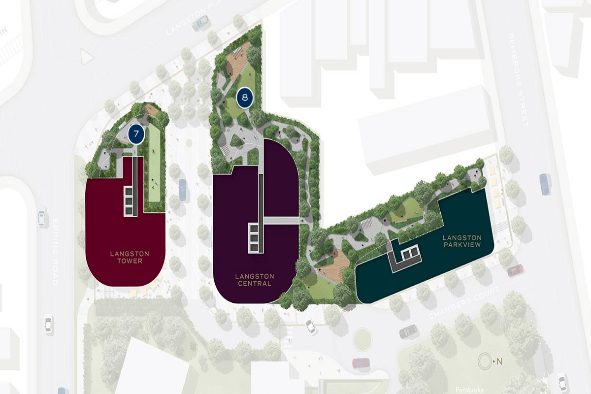 An overview of the elevated podium landscaped gardens.