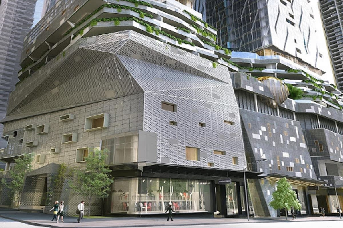 Rendering of West Side Place podium at street level. Image by architectureanddesign.com
