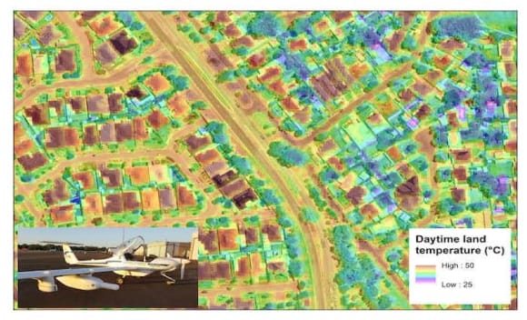 Daytime thermal imaging of land surface temperature in Walkley Heights, Adelaide, taken from an aircraft (inset) on February 9 2017 at the peak of a three-day 40°C heatwave. The area on the right is cooler (blue shades) because of greater vegetation cover. In the hotter area on the left (red shades) a residential development built in 2003 has smaller yards with less tree cover.