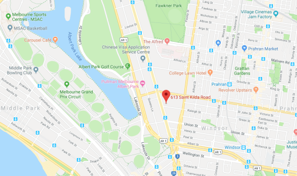 Location of Neue Grand at 613 St Kilda Road, Melbourne. Image by Google Maps. NEUE GRAND location