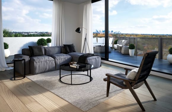 Rendering of the living room and the wide wrap balcony. Rendering of the living room and the wide wrap balcony.