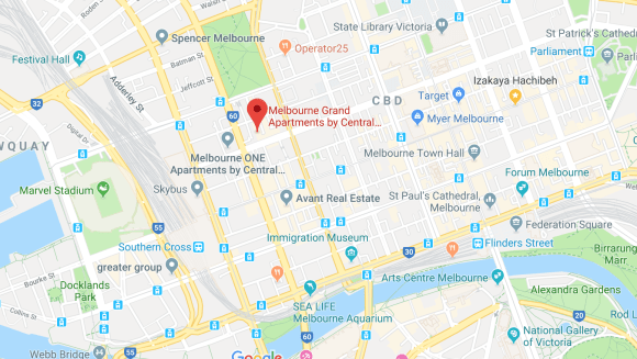 Location of Melbourne Grand Apartments, 560 Lonsdale Street, Melbourne. Image by Google Maps. Melbourne Grand location
