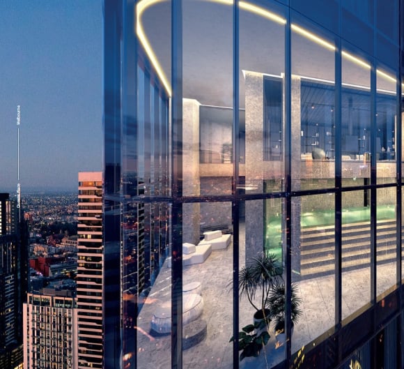 An exterior view of the Sky Lounge and Pool. Queens Place amenities