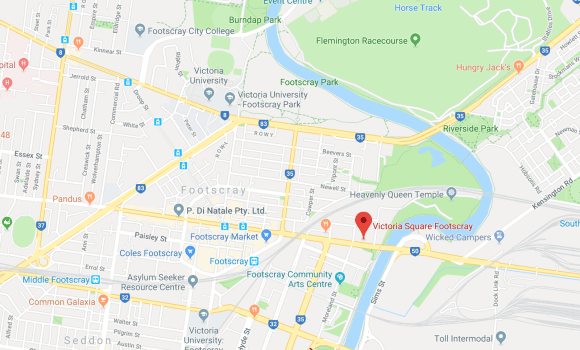 Location of Victoria Square, located a kilometre from Footscray Central. Image by Google Maps. Victoria Square location