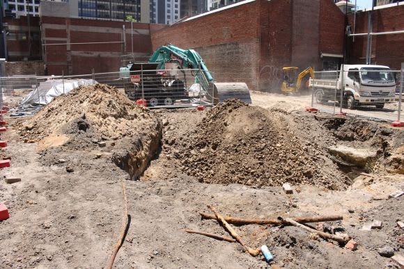 Avant site preparation progress. Image © Ryan Seychell Proposals no more, the top end of Elizabeth Street is now a story of mass construction