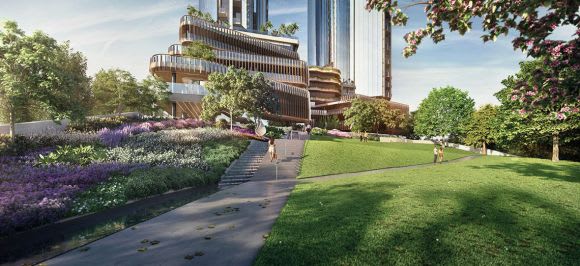 Melbourne Square's 3,700 sqm public park will provide much needed open space for Southbank residents. Image : Floodslicer Soil turns on Stage 1 of Melbourne Square as piling nears completion